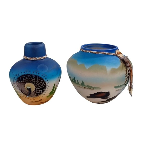 Handmade Other - 2 Native American Pottery Vases Dreamcatcher Buffalo Southwest Eagle Fea…